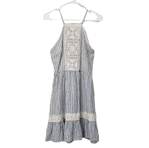 Altar'd State | Dresses | Altard State Blue Stripe Crochet Detail Cotton  Linen Ruffle Hem Dress Size S | Poshmark